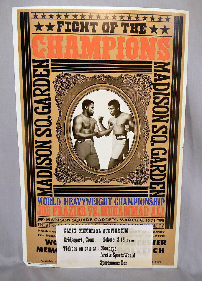 Joe Frazier vs. Mohammad Ali Word Heavyweight Cham: Joe Frazier vs. Mohammad Ali Word Heavyweight Championship 1971, poster for closed circuit television coverage of fight at Madison Square Garden, bottom left corner bent, 14" X 22"
