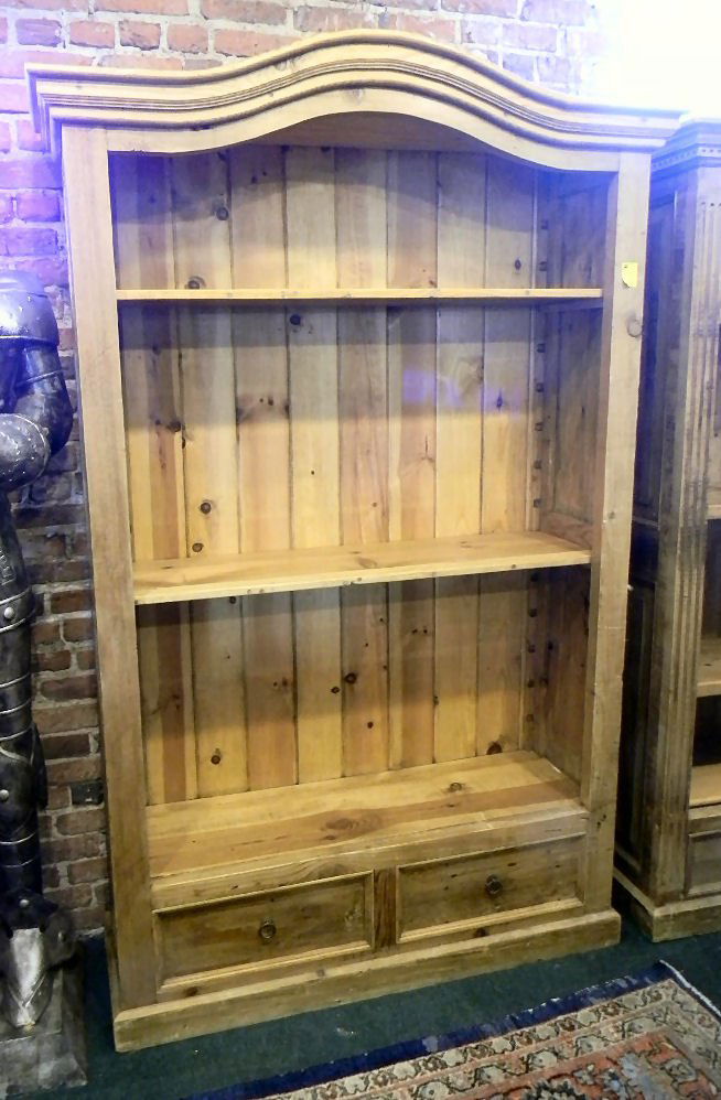 Contemporary pine book or display shelf, two drawe: Contemporary pine book or display shelf, two drawers, 52" wide, 15" deep & 82" high