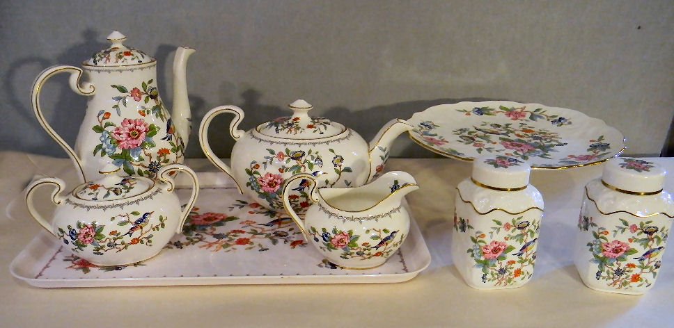Aynsley Pembroke bone china teapot, coffee pot, cr: Aynsley Pembroke bone china teapot, coffee pot, creamer & sugar bowl, two tea caddies, plastic tray and 10" cake stand, no chips or cracks