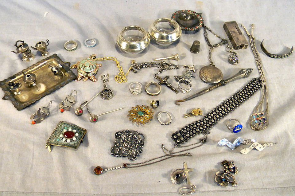Lot of misc. sterling and 800 silver including Tif: Lot of misc. sterling and 800 silver including Tiffany golf ball tee, enameled sterling turtle pin, rings, bracelet, pins, lighter case, thimble, etc. Total weight excluding lighter, button hook and s