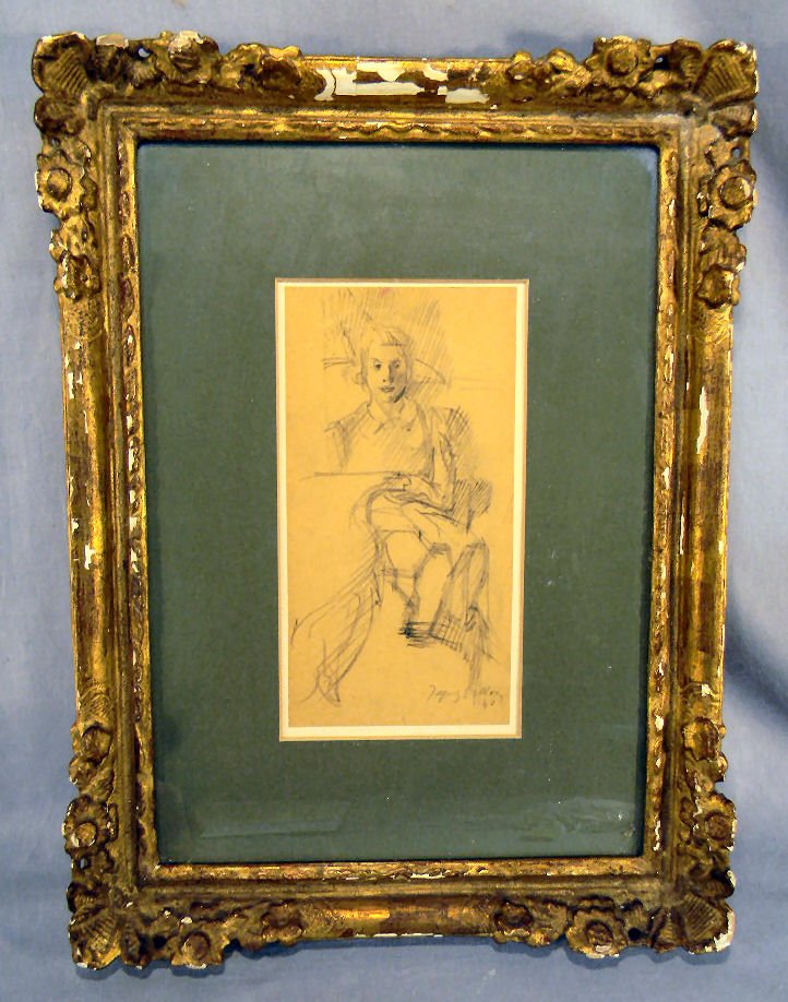 Jacques Villon, pencil on paper "Seated Woman".: Jacques Villon, pencil on paper "Seated Woman". Sotheby's sale label attached to back. Image 4 3/4" x 9", frame as is.