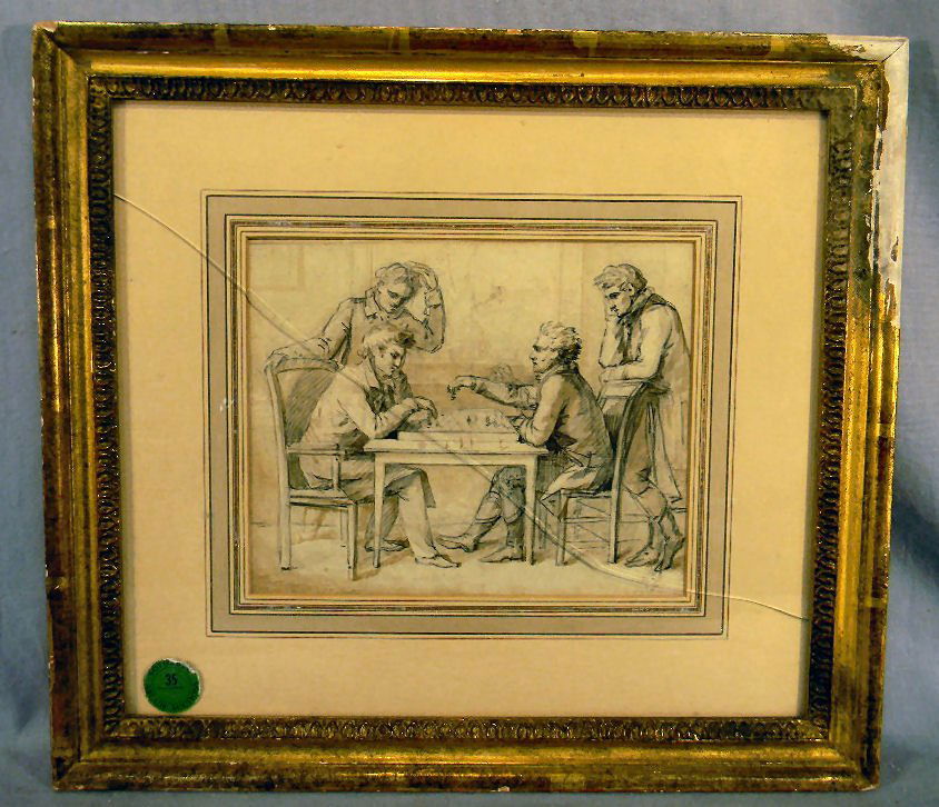 Van Garp "Four Men at Gaming Table", pen & ink. F: Van Garp "Four Men at Gaming Table", pen & ink. Frame as is and glass is cracked, image 8" x 6 1/2". Sotheby's sale label attached to back.