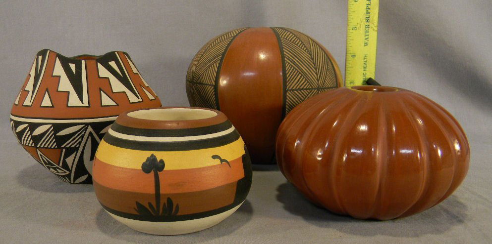 Four pieces of Southwestern/Native American art p: Four pieces of Southwestern/Native American art pottery, each artist signed (Cerno, Gachupin, David Baca), largest measures 5" high.