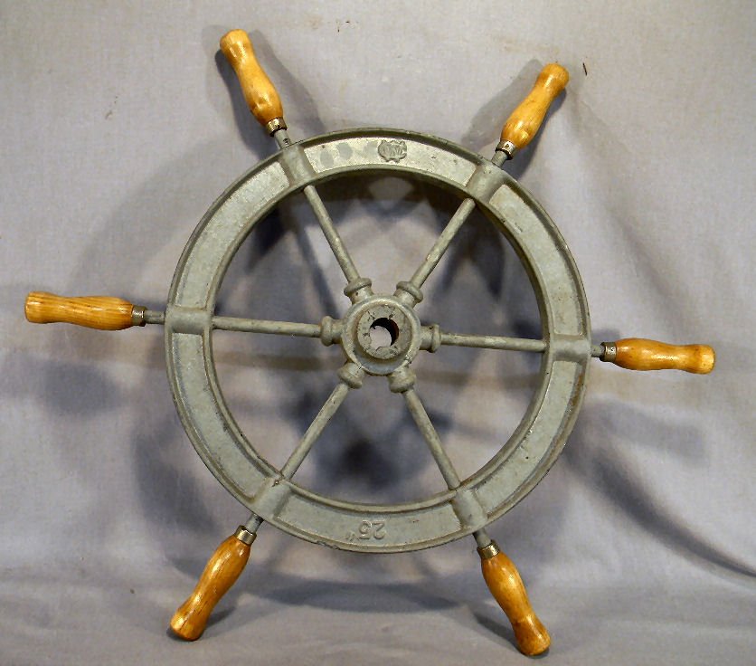Ships wheel, mid 20th century, 25" dia., embossed: Ships wheel, mid 20th century, 25" dia., embossed WC