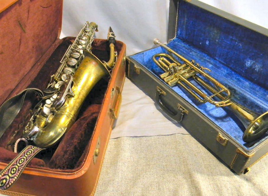 Estate Czech trumpet, finish worn, together with : Estate Czech trumpet, finish worn, together with German saxophone with dents, worn finish and corrosion
