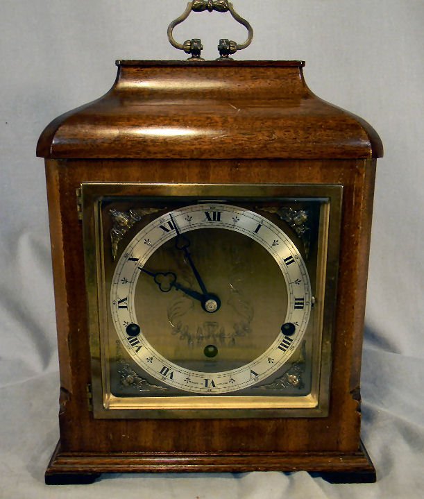 Elliot 8 day Westminster & Whittington chime cloc: Elliot 8 day Westminster & Whittington chime clock, running order, 12" high, tape marks on side