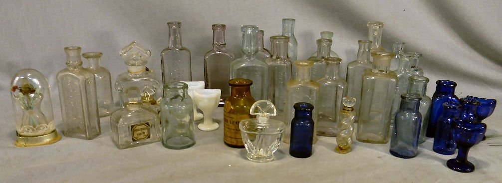 Lot of misc. bottle including medicine, cobalt po: Lot of misc. bottle including medicine, cobalt poison, perfumes, etc.