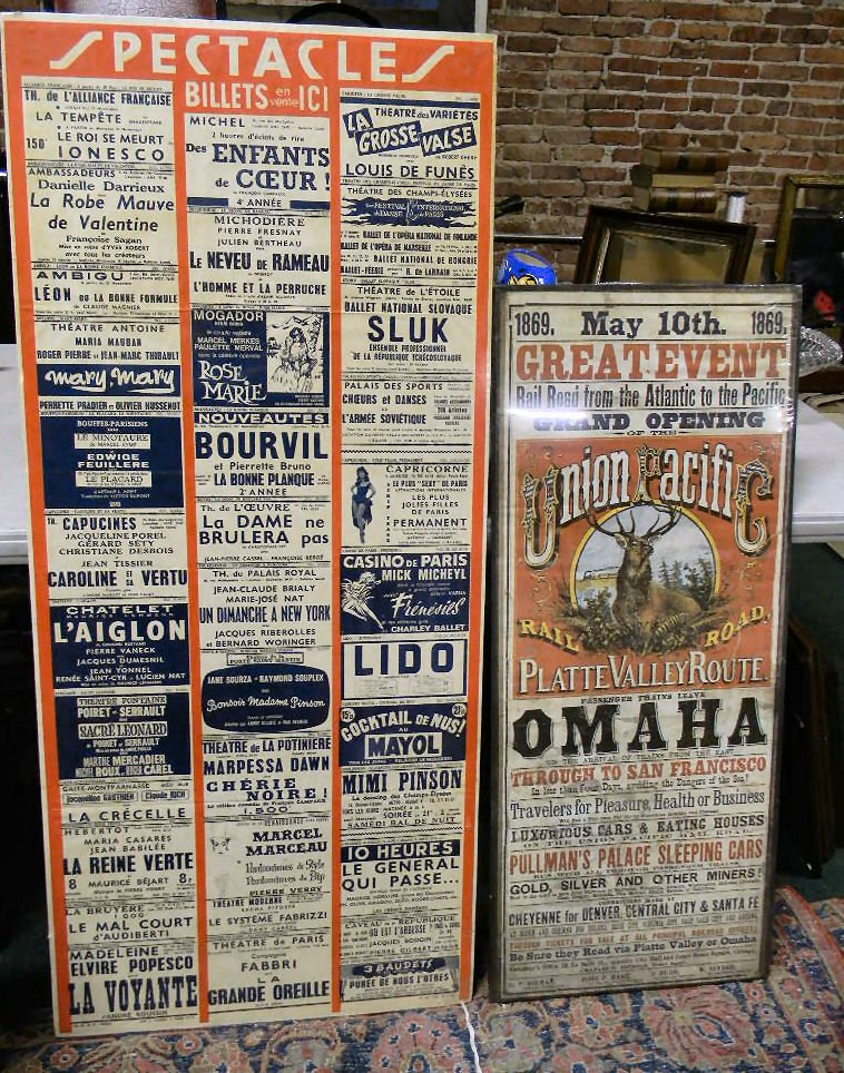 Two posters, Union Pacific (copy), torn and frame: Two posters, Union Pacific (copy), torn and framed, ads for French Theatre (48"x21"), framed, 1978 copy of Folies-Bergere'