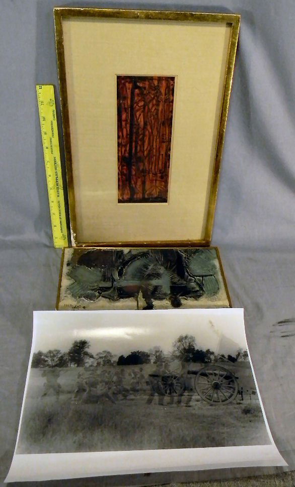 Modernistic painting, signed lower right - illegi: Modernistic painting, signed lower right - illegible, 1960 Chi, signed lower left, photograph of Civil War re-enactment, print by David Lee, scuff in center of print "Tranquility", 23"x10" overall.