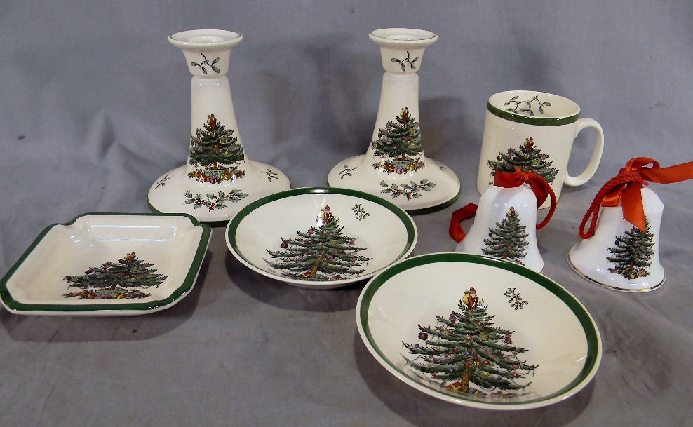 Spode Christmas Tree - 2 bowls, 2 bells, ash tray: Spode Christmas Tree - 2 bowls, 2 bells, ash tray, mug and two candle holders