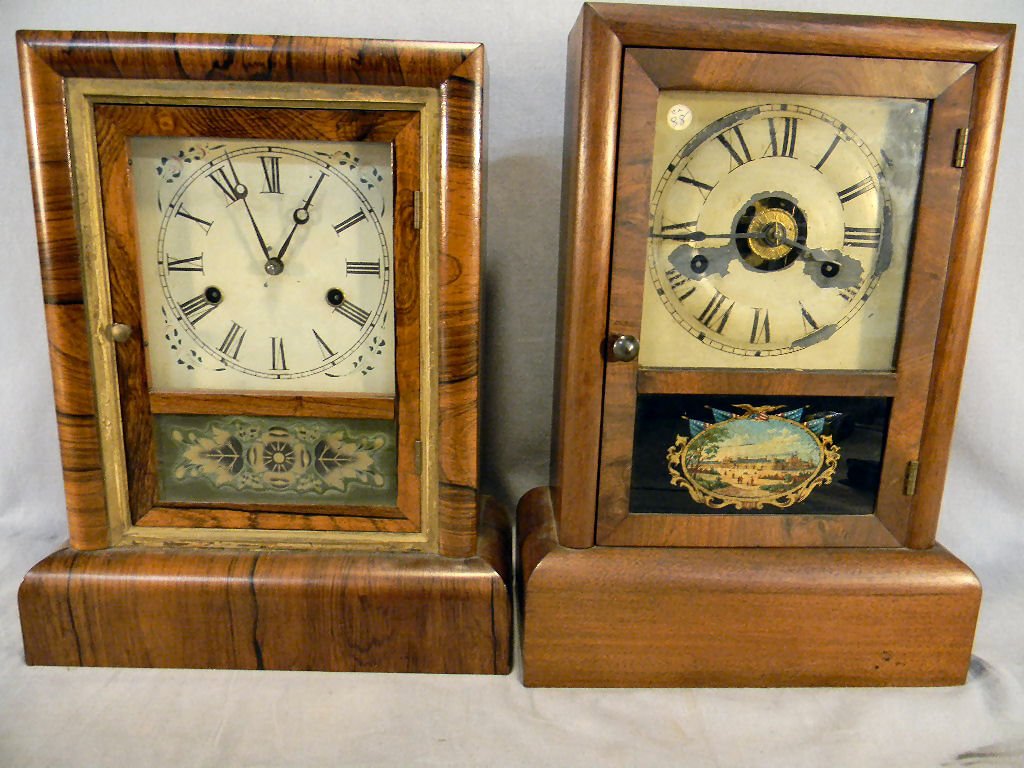 Two Victorian shelf clocks one Gilbert one Seth T: Two Victorian shelf clocks one Gilbert one Seth Thomas both w original glass and labels all clocks sold as is dial face peeling on Seth Thomas