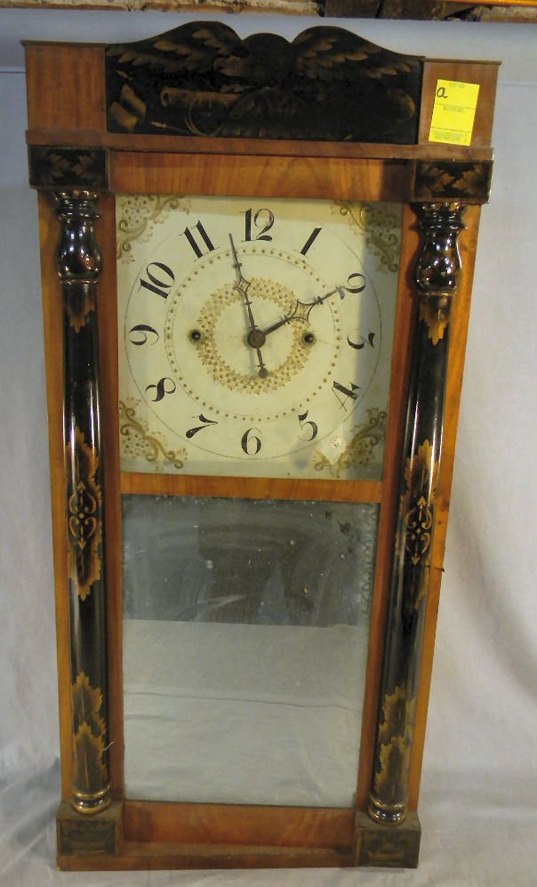 Jerome's and Darrow Bristol Ct. pillar and splat : Jerome's and Darrow Bristol Ct. pillar and splat clock, original mirror and stenciling, 35" high, weights may not be original