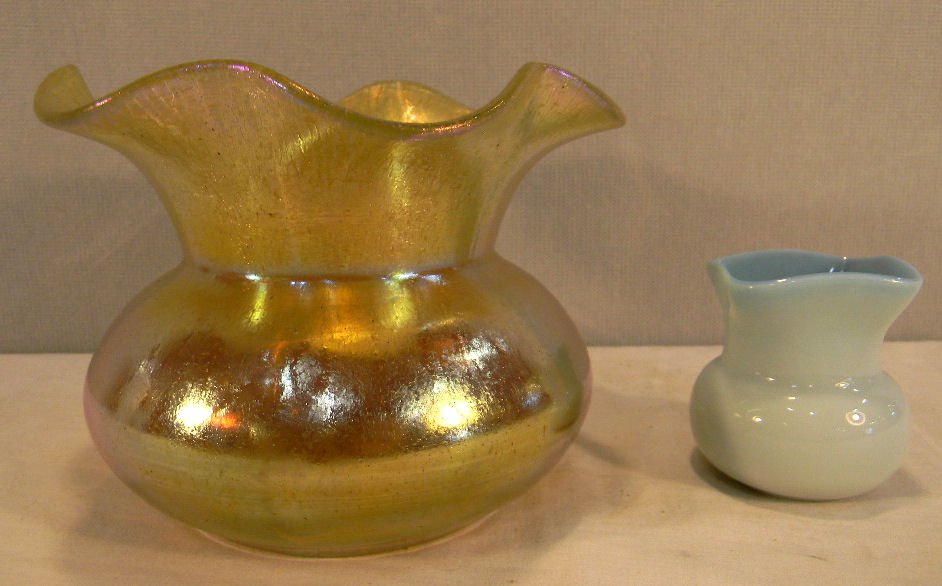 Two pieces of art glass, gold iridescent bowl wit: Two pieces of art glass, gold iridescent bowl with ruffled edge and ground pontil, check on pontil on outer surface only, 6.5" wide at top together with blue opaque glass toothpick holder, 2.5" high