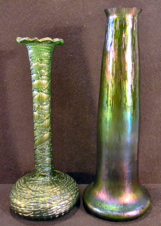 Two Bohemian art glass vases, 12" and 10.5" high,: Two Bohemian art glass vases, 12" and 10.5" high, very minor flicks on top of tallest, threaded vase has ground pontil with New Haven retailers label, undamaged. White spots on the thread in photo #6 