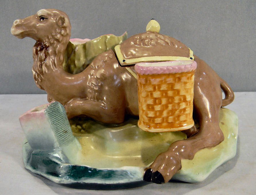 Camel figural tobacco jar/humidor, smoke stand, m: Camel figural tobacco jar/humidor, smoke stand, match holder with striker, cigar holder section, no maker mark, chip on underside inner edge