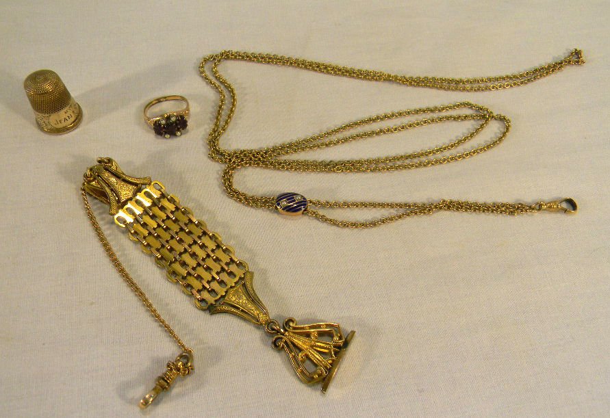 Gold filled lot including Simons thimble, slide c: Gold filled lot including Simons thimble, slide chain, watch fob and ring