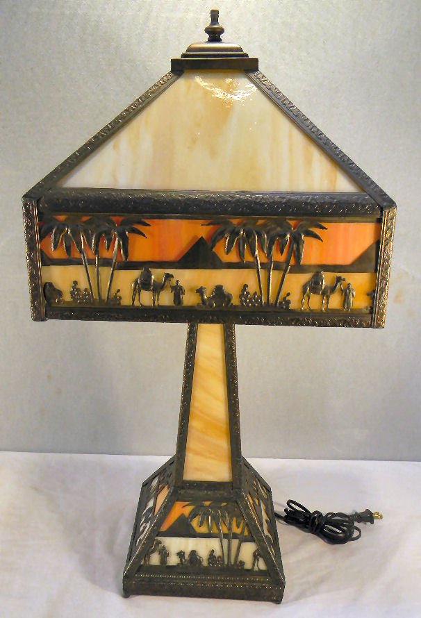 Panel lamp with Egyptian motif, camels at oasis w: Panel lamp with Egyptian motif, camels at oasis with pyramids in background, 27" high, 13" square shade, excellent condition