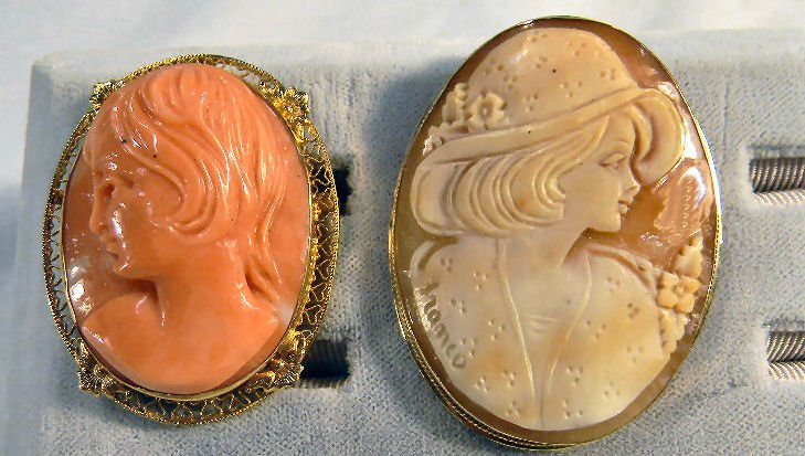 Two 14K gold cameos, artist signed shell cameo an: Two 14K gold cameos, artist signed shell cameo and high relief cameo - material unknown, shell cameo measures 2" X 1.5"