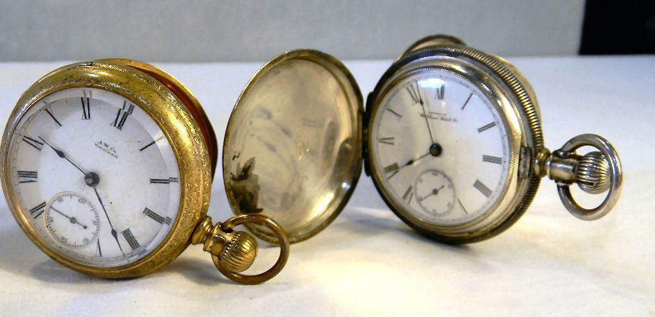 Two Waltham pocket watches, one with coin silver: Two Waltham pocket watches, one with coin silver case, not running and Waltham pocket watch with gold filled case, running, lot sold "as is"
