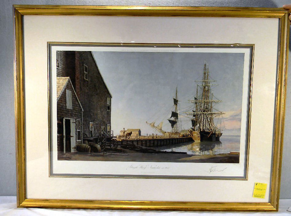 John Stobart colored lithograph "Straight Wharf N: John Stobart colored lithograph "Straight Wharf Nantucket in 1832", pencil signed and numbered 132/750, measures 34" X 26" overall, image measures 24" x 26"