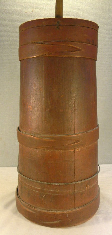 Shaker butter churn in red paint, 23" high not in: Shaker butter churn in red paint, 23" high not including handle