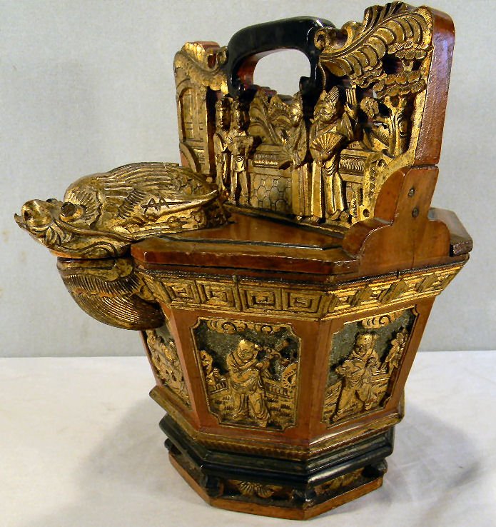 Asian ornate carved wood pitcher, with gilding, f: Asian ornate carved wood pitcher, with gilding, fine detail, 13" high
