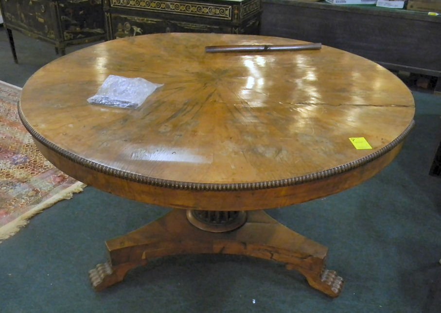 Antique veneered breakfast table, top warped, mis: Antique veneered breakfast table, top warped, missing moldings, top screwed to base - will not tilt, old repairs