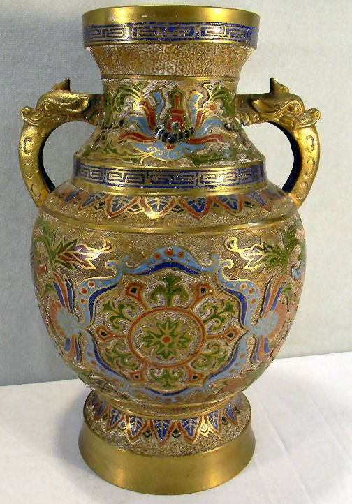 Large Japanese champlevé vase on brass, 14.5" high, sta: Large Japanese champlevé vase on brass, 14.5" high, stamped "Made in Japan" on base, putty applied to circumference of bottom plate, probably to stop leak on edge.