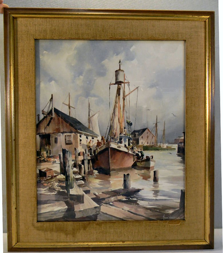 John Hare watercolor painting, dock scene with fishing : John Hare watercolor painting, dock scene with fishing boat unloading, signed lower right, image size 14" X 17", 20" X 22" framed, damage to fabric on matting