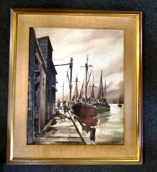 John Hare watercolor painting, dock scene with fishing : John Hare watercolor painting, dock scene with fishing boats, signed lower right, image size 14" X 17", 20" X 22" framed, damage to fabric on matting