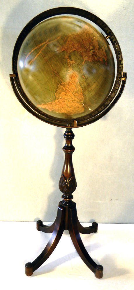 Kittinger Company 12" Terrestrial globe: Kittinger Company 12" Terrestrial globe, marked on globe and base, some scuffs, peeling, one dent photographed, mid 20th century, loose where screws into base, 36" high