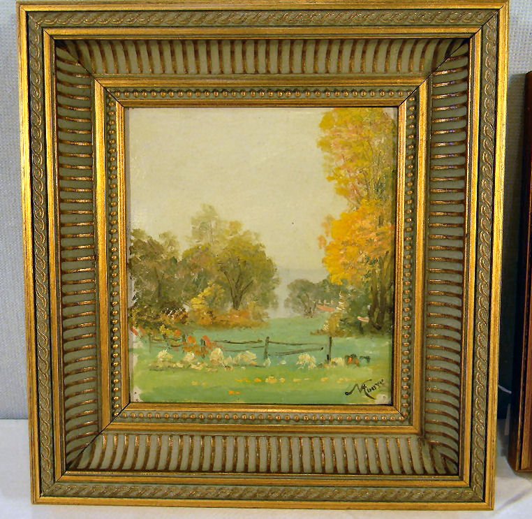 Nelson Augustus Moore oil painting on canvas, field wit: Nelson Augustus Moore oil painting on canvas, field with fence, image size 5.5" X 6.5", signed lower right, studio stamp on reverse - the painting is from a local estate and has not been authenticated
