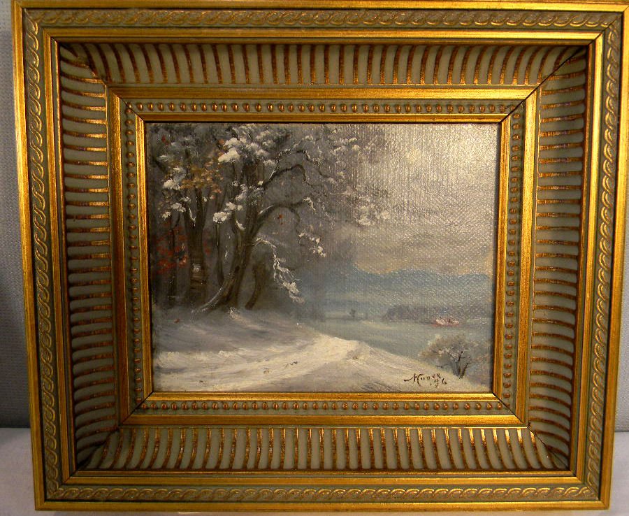 Nelson Augustus Moore oil painting on canvas, winter la: Nelson Augustus Moore oil painting on canvas, winter landscape, image size 5" X 6.5", signed lower right, dated '96, studio stamp on reverse - the painting is from a local estate and has not been auth