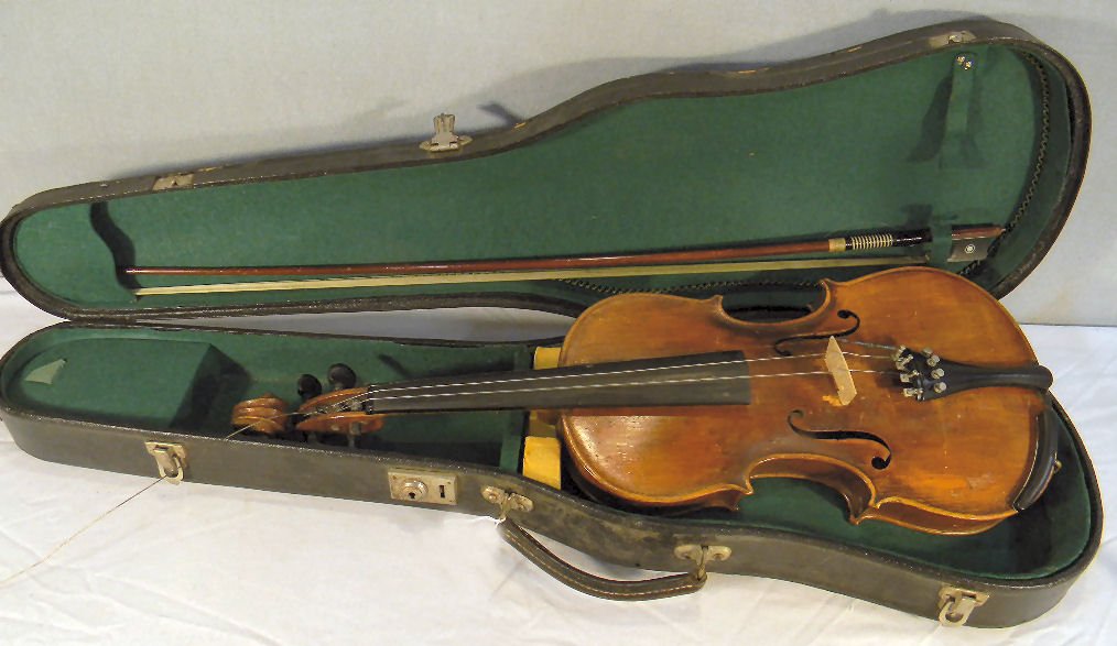 Estate John Bedford maker violin dated 1866, England, 2: Estate John Bedford maker violin dated 1866, England, 23.25" long, no cracks, interior label, unsigned bow missing knob on end