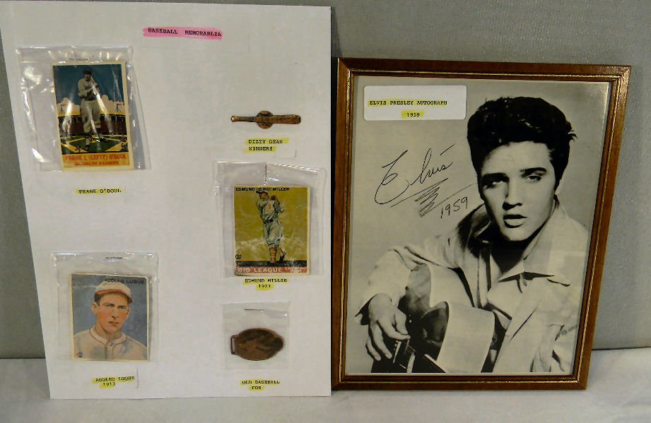 Lot of memorabilia including Elvis Presley autographed : Lot of memorabilia including Elvis Presley autographed photo, baseball cards, watch fob and pin - age and authenticity not guarantied