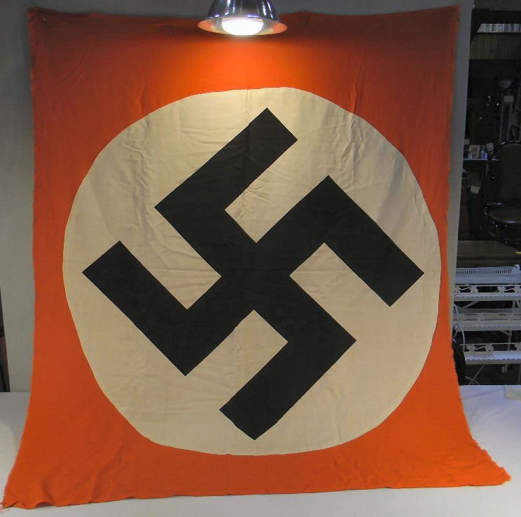 WWII German Nazi double sided banner, 44.5" X 53", very: WWII German Nazi double sided banner, 44.5" X 53", very good condition with minor stains, white sewn on red, blue printed on white