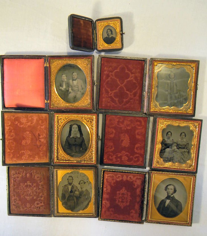 Lot of 7 Ambrotype and/or tintype images with cases, 1.: Lot of 7 Ambrotype and/or tintype images with cases, 1.5" X 1.75" & 2.75 X 3.25", some covers separated, light lines across image of child, image of couple in poor condition