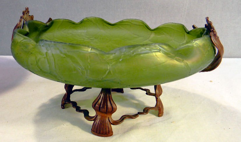 Loetz shallow green glass etched bowl, 8" dia. On brass: Loetz shallow green glass etched bowl, 8" dia. On brass or bronze patinated base, no chips or cracks