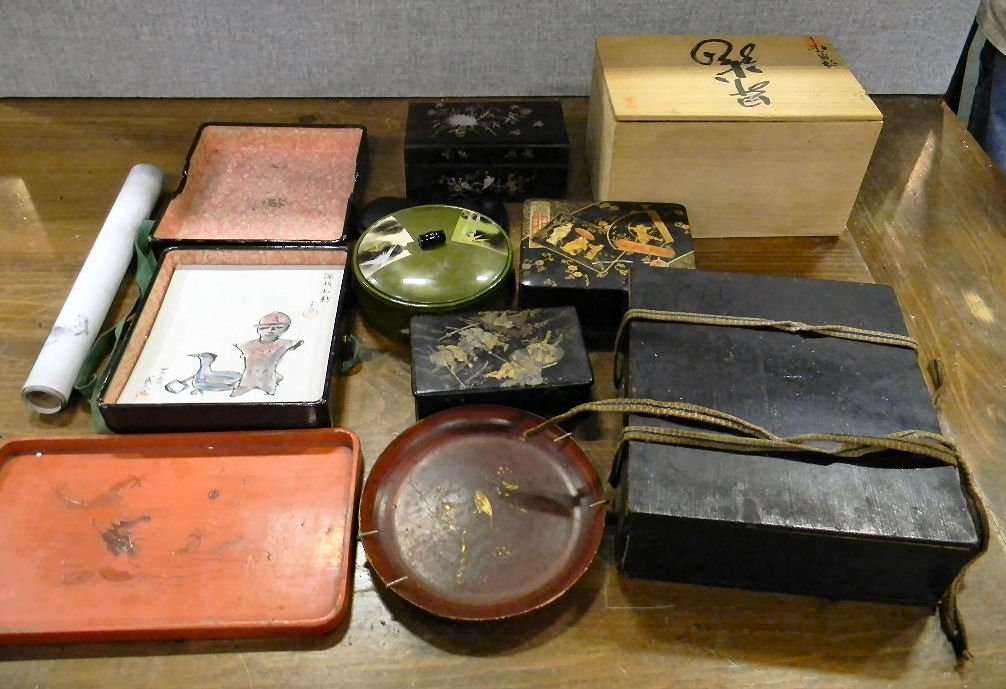 Misc. lot of Asian items including lacquered boxes: Misc. lot of Asian items including lacquered boxes and bowl, drawings, scroll, boxes