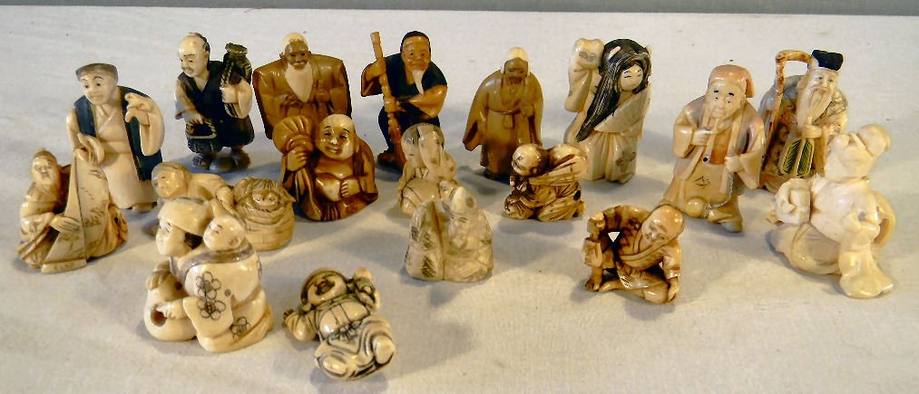 Lot of eighteen cast resin netsuke, human forms: Lot of eighteen cast resin netsuke, human forms