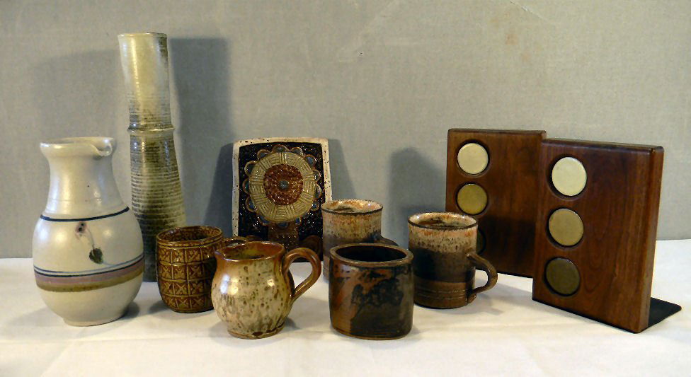 Lot of misc. modern styled art pottery including Arabia: Lot of misc. modern styled art pottery including Arabia, 12.5" vase signed RL, Gordon Martz Marshall Studios bookends, cups signed Tanzer, etc. No damage.