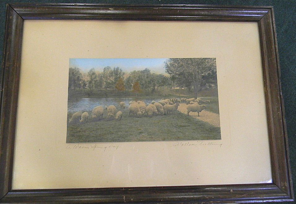 Wallace Nutting colored photograph "A Warm Spring Day",: Wallace Nutting colored photograph "A Warm Spring Day", 13" X 7.25" image, foxing on mat
