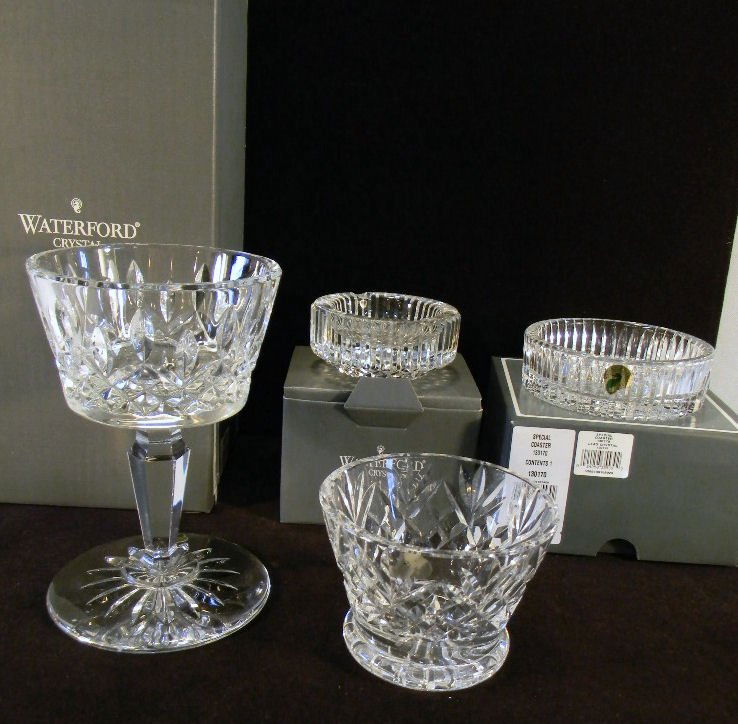 Lot of Waterford crystal including Lismore candleholder: Lot of Waterford crystal including Lismore candleholder with box, ashtray and coaster with box, and small bowl without box, no damaged pieces