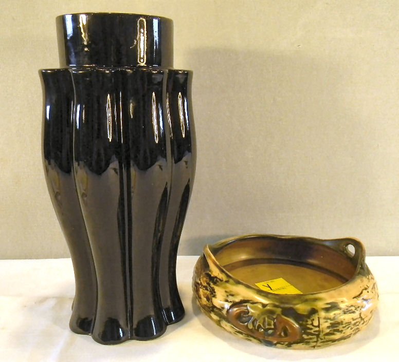 Roseville low bowl, 8" diameter, undamaged together wit: Roseville low bowl, 8" diameter, undamaged together with Leigh Art Ware 12" vase with partial paper label, surface scratch photographed, no chips or cracks.