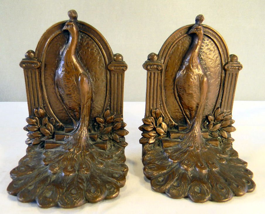 Pair of patinated metal peacock bookends, 6" high, mark: Pair of patinated metal peacock bookends, 6" high, marked WB 641 on back, finish excellent