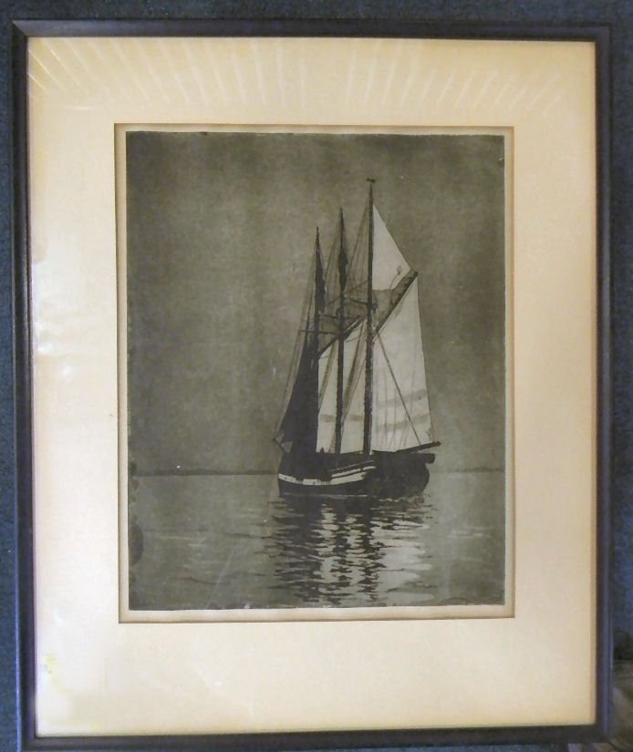 Peter Marcus signed etching of sailing ship at night, s: Peter Marcus signed etching of sailing ship at night, signed lower right (faint), image size 12" X 15.5"