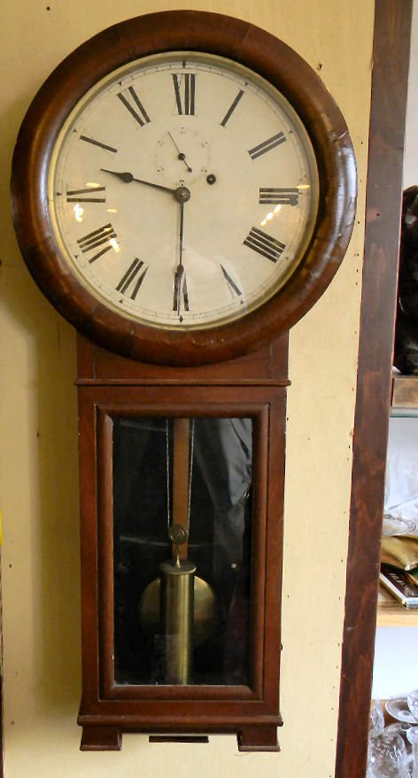Seth Thomas #2 regulator clock, 36" long, 15.5" wide at: Seth Thomas #2 regulator clock, 36" long, 15.5" wide at top, single weight, original dial, paint touched up around screws on dial