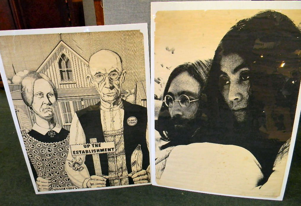 John Lennon & Yoko Ono poster, 1969 Poster Prints, 42" : John Lennon & Yoko Ono poster, 1969 Poster Prints, 42" X 30", torn corners, fraying on edges, spotting, white spots on Yoko's hair, together with American Gothic, E. Gordon, 1967 Personality Posters,