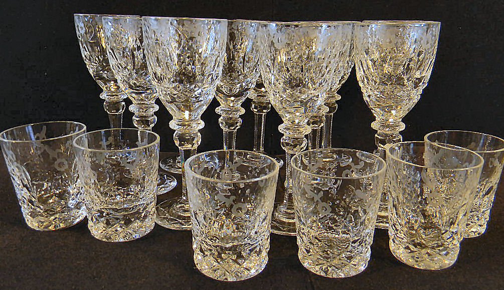 Set of twelve etched glass sherry or cordial glasses me: Set of twelve etched glass sherry or cordial glasses measuring 5" high and six shot glasses, fine quality, unmarked. No damage