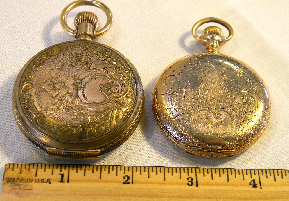 Two pocket watches, both gold filled, Elgin 15 jewel wa: Two pocket watches, both gold filled, Elgin 15 jewel watch in running order, engraved case with no dents, moderate wear to engraving. Seth Thomas watch with engraved case in very good condition, not r